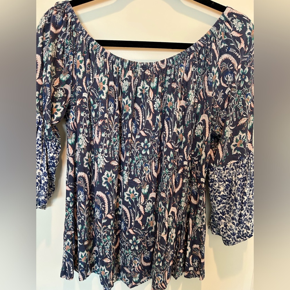 Lucky Brand Blue and Green Ruffled 3/4 Sleeve Blouse